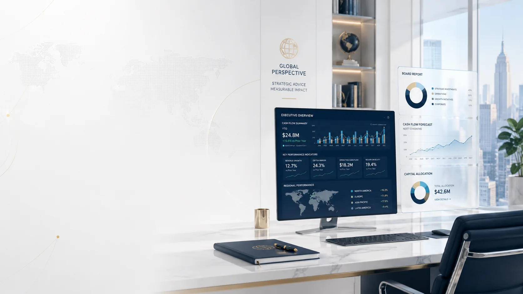 Premium finance advisory workspace with cash-flow, KPI and board-report visuals