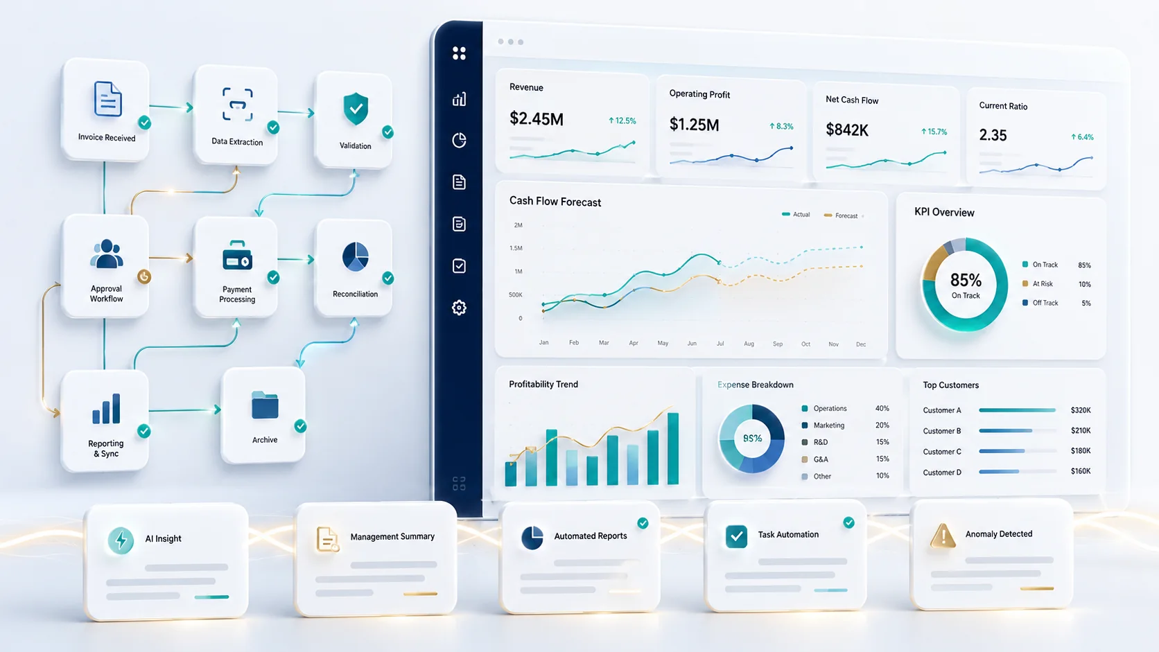 Finance automation dashboard with reports and workflow insights