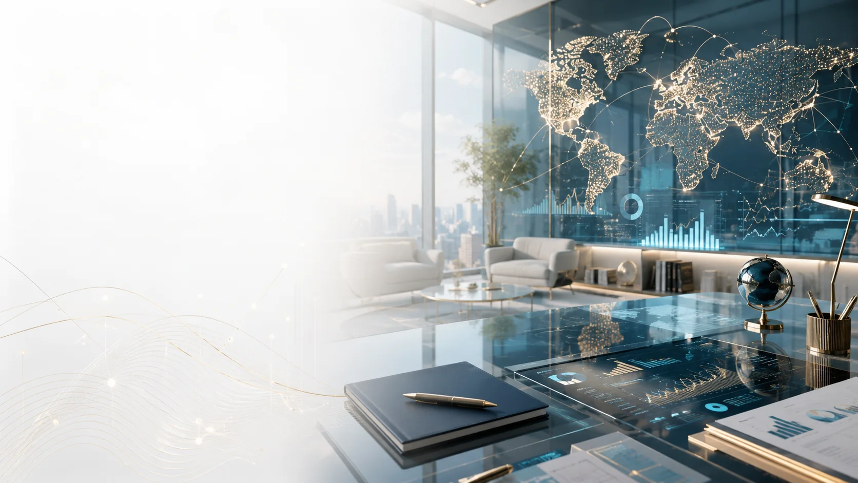 Global advisory office with finance strategy and reporting visuals